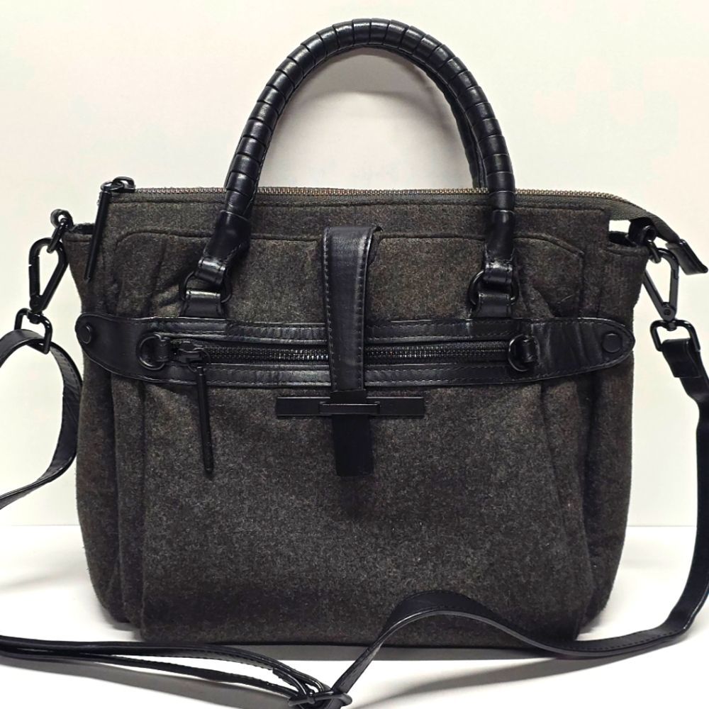 Elliott Lucca Black Gray Wool Black Leather Trim Satchel Shoulder Crossbody Bag